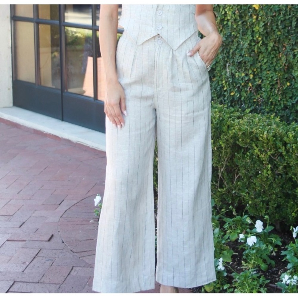 100% LINEN WIDE LEG PANTS Karlie High Rise Trouser Large Beige Pinstripe Neutral